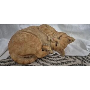 Realistic Sleeping Cat Figurine | Resin Orange Tabby Garden Decor READ